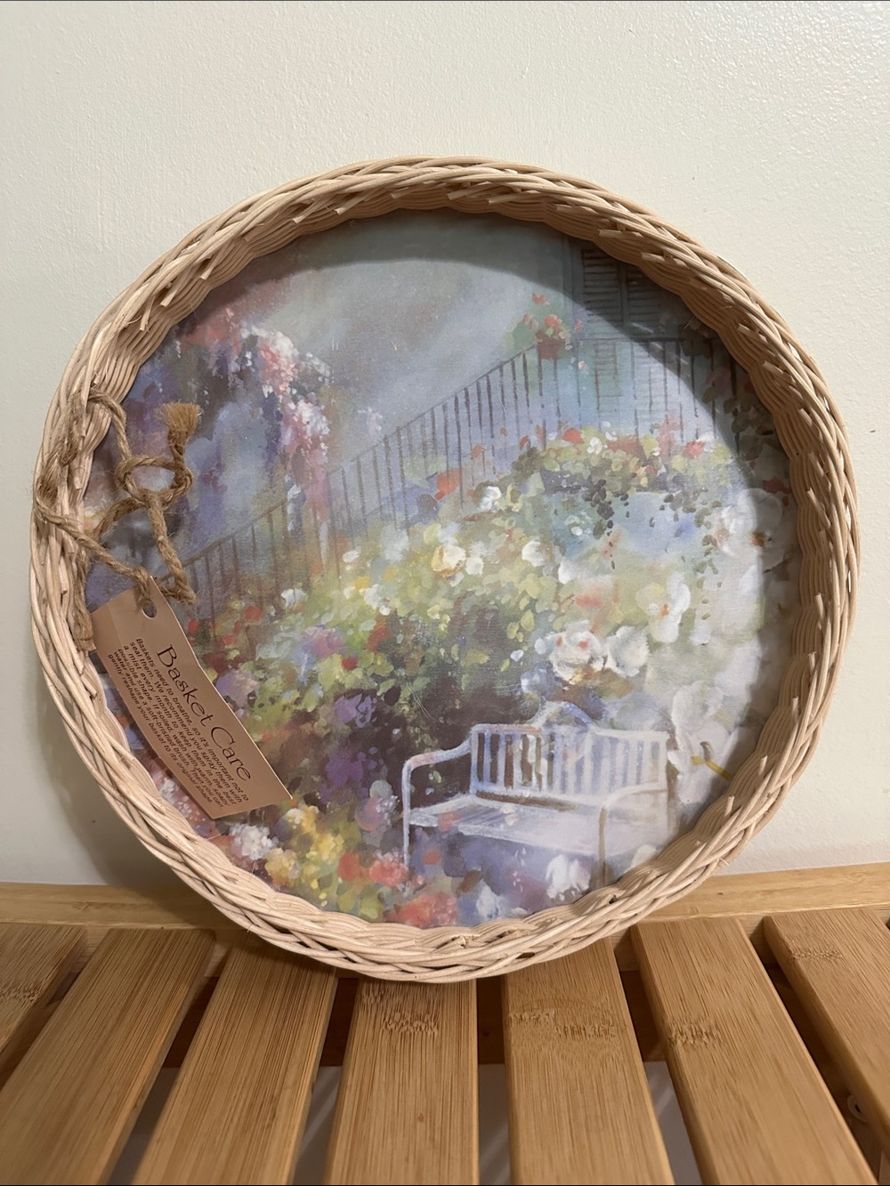 Vintage Hand Crafted Wicker Pastel Floral Bench Round Wall Art